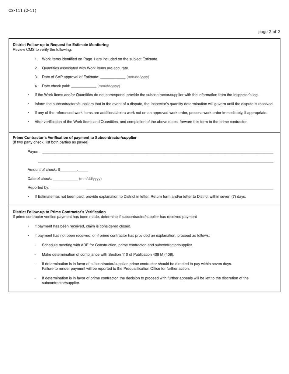 Form CS-111 Subcontractor / Supplier Request for Estimate Monitoring - Pennsylvania, Page 2