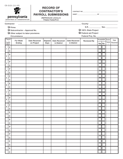 Form CS-2121 Record of Contractor&#039;s Payroll Submissions - Pennsylvania