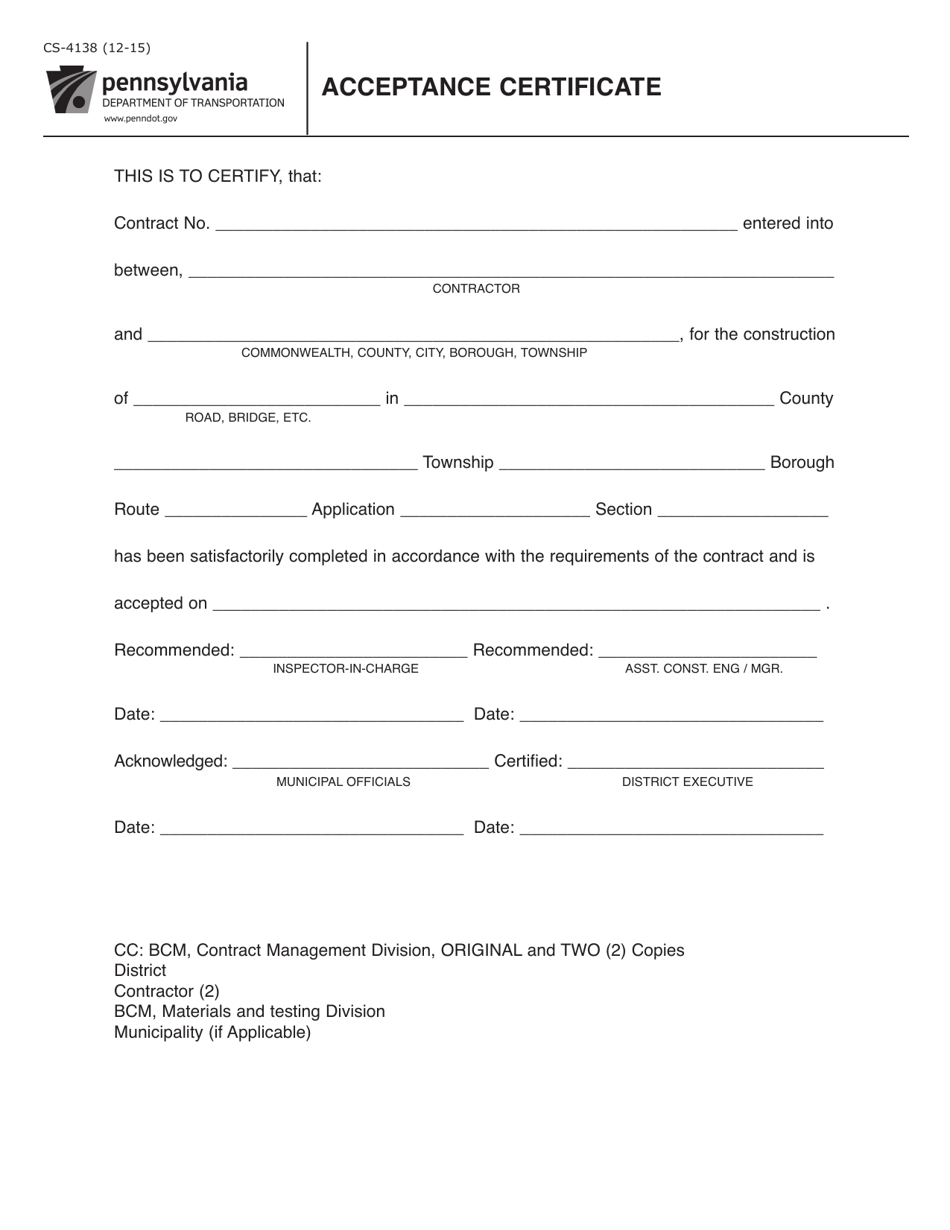 Form CS-4138 Acceptance Certificate - Pennsylvania, Page 1