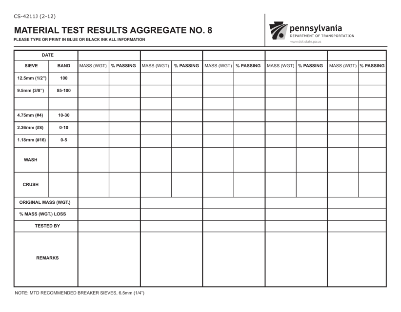 Form CS-4211J Material Test Results Aggregate No. 8 - Pennsylvania