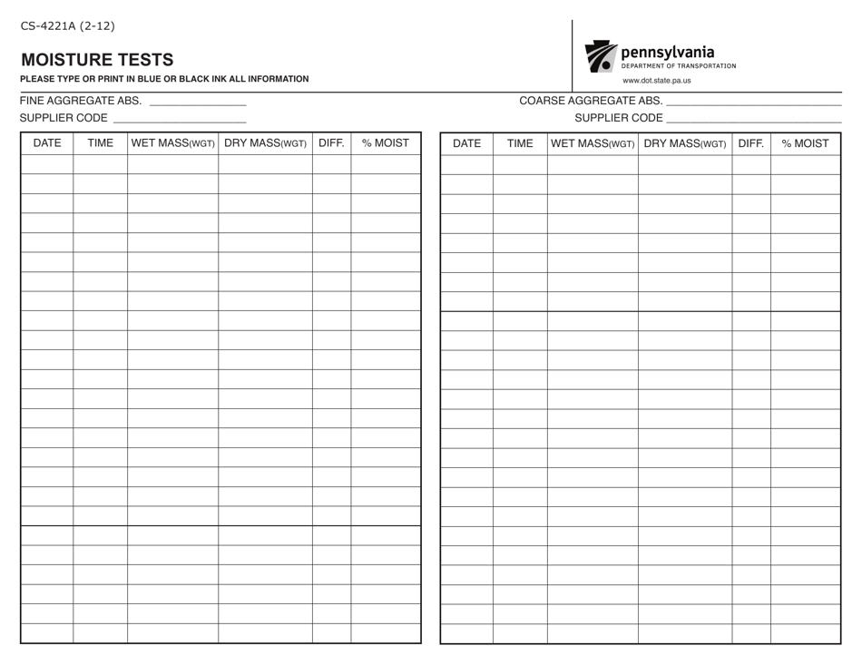 Form CS-4221A Moisture Tests - Pennsylvania, Page 1
