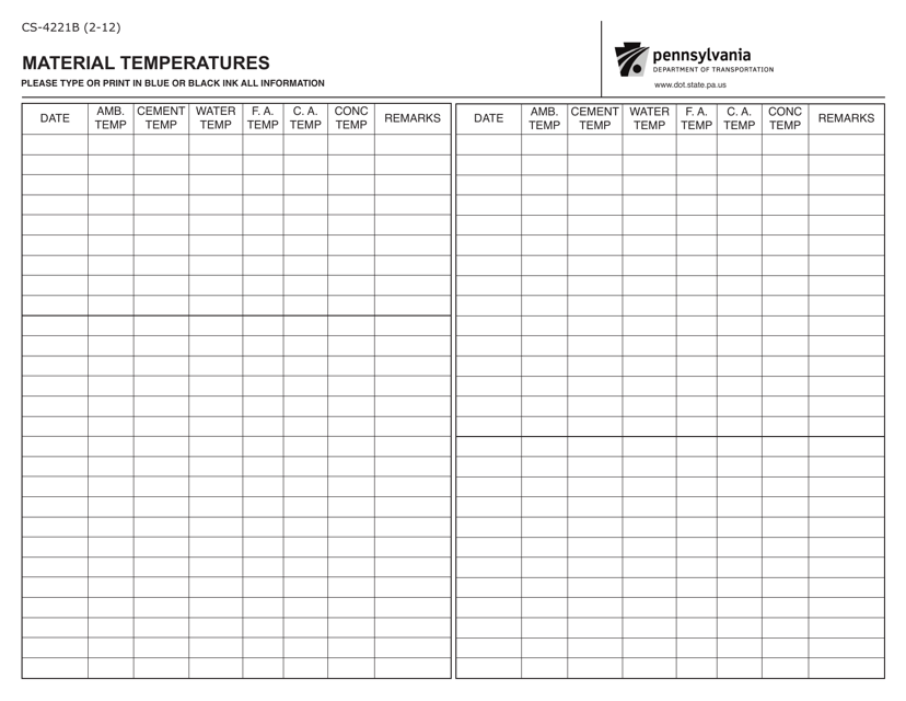 Form CS-4221B Material Temperatures - Pennsylvania