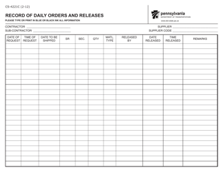 Document preview: Form CS-4221C Record of Daily Orders and Releases - Pennsylvania