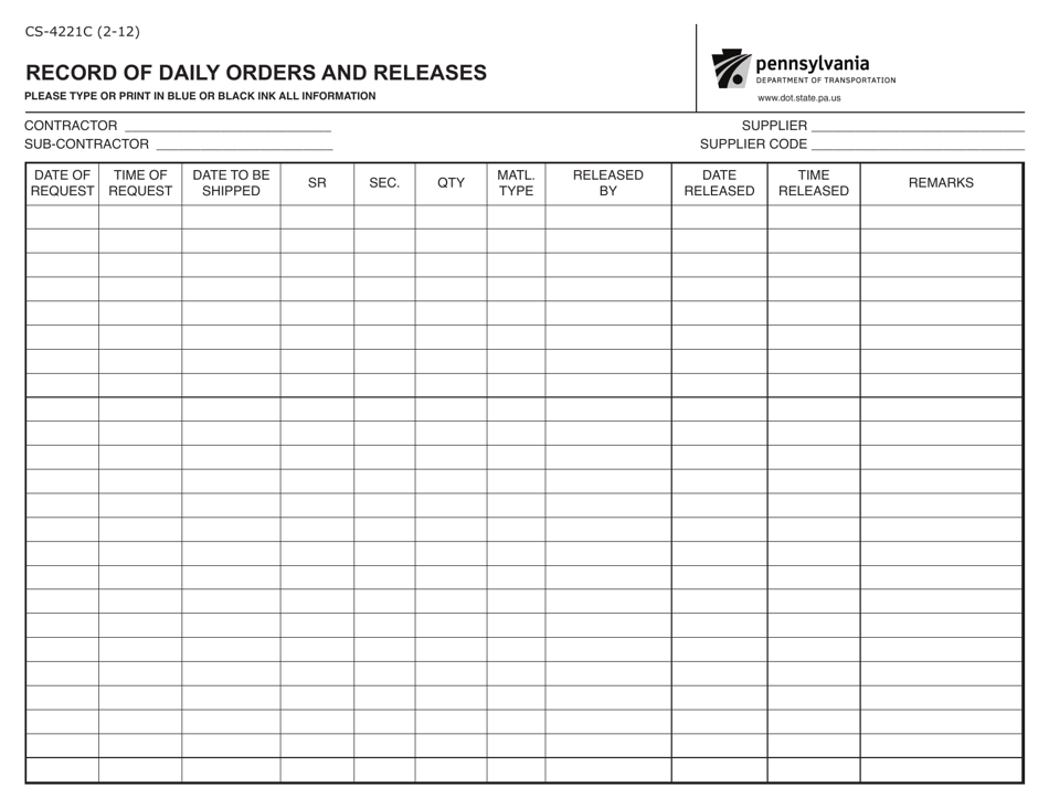 Form CS-4221C Record of Daily Orders and Releases - Pennsylvania, Page 1