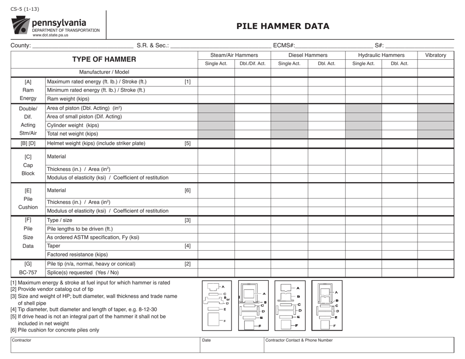 Form CS-5 Pile Hammer Data - Pennsylvania, Page 1