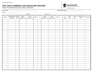 Document preview: Form CS-4221G Anti Skid Summary and Moisture Record - Pennsylvania