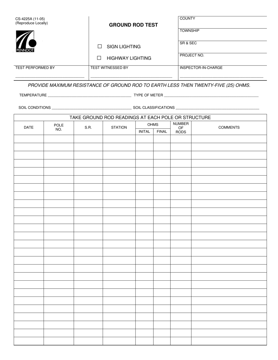 Form CS-4225A Ground Rod Test - Pennsylvania, Page 1