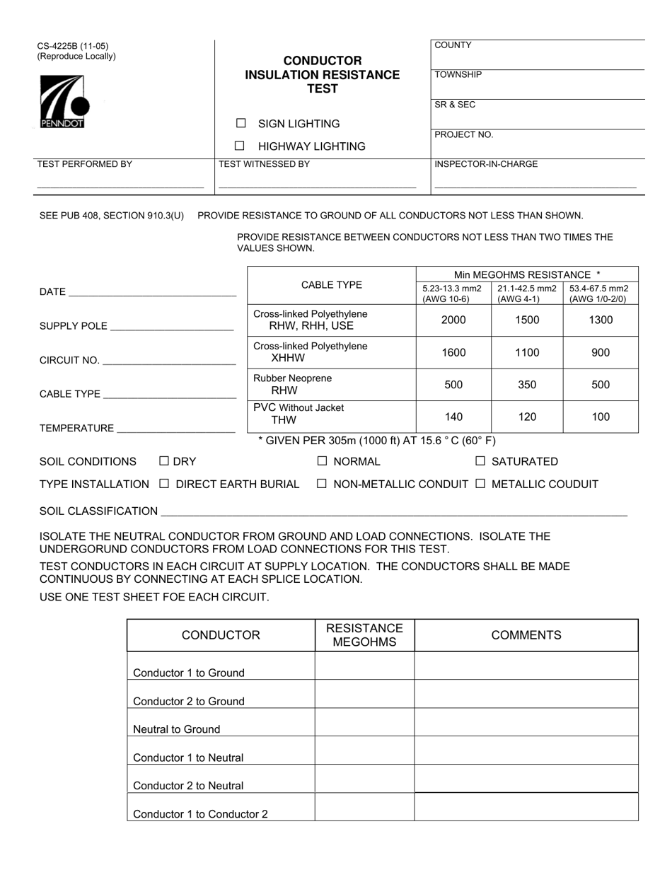 Form CS-4225B Conductor Insulation Resistance Test - Pennsylvania, Page 1