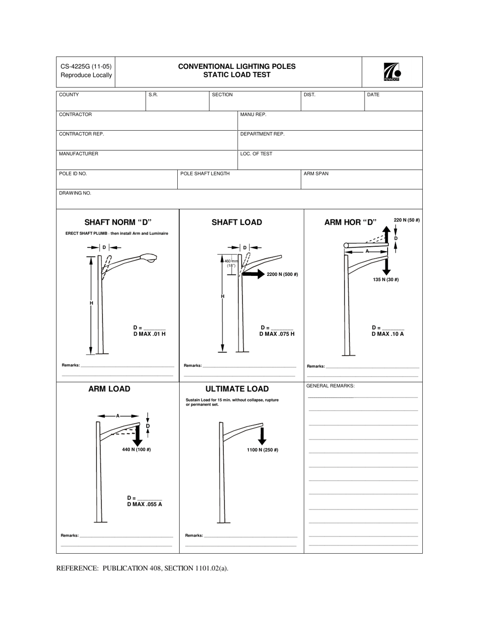 Form CS-4225G Conventional Lighting Poles Static Load Test - Pennsylvania, Page 1