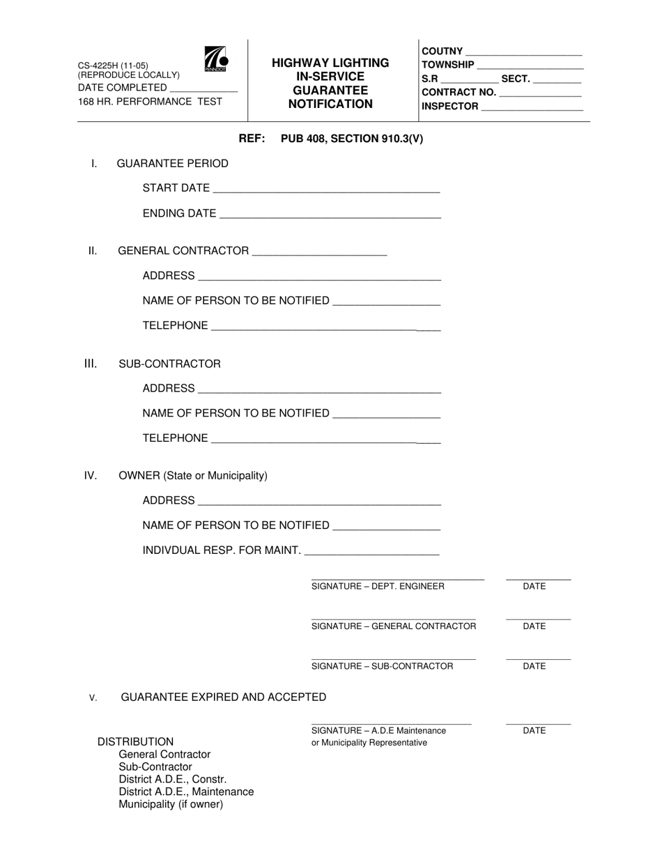 Form CS-4225H Highway Lighting In-Service Guarantee Notification - Pennsylvania, Page 1