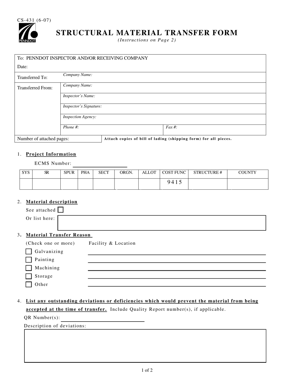 Form CS-431 Structural Material Transfer Form - Pennsylvania, Page 1