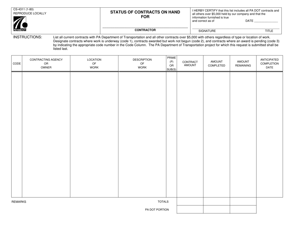 Form CS-4311 Status of Contracts on Hand - Pennsylvania, Page 1