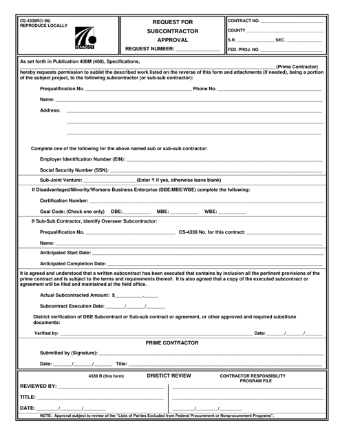 Form CS-4339R Request for Subcontractor Approval - Pennsylvania