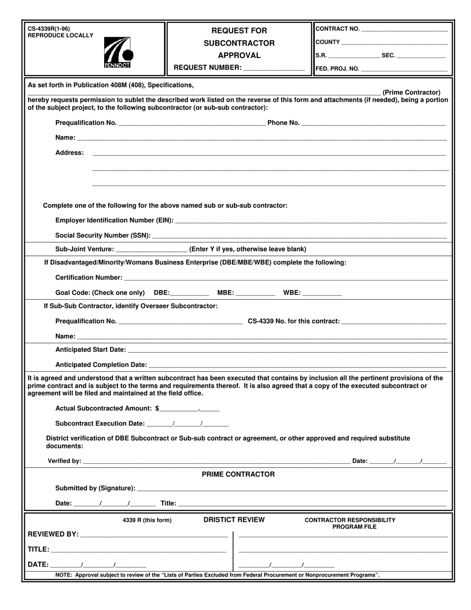 Form CS-4339R Request for Subcontractor Approval - Pennsylvania, Page 1