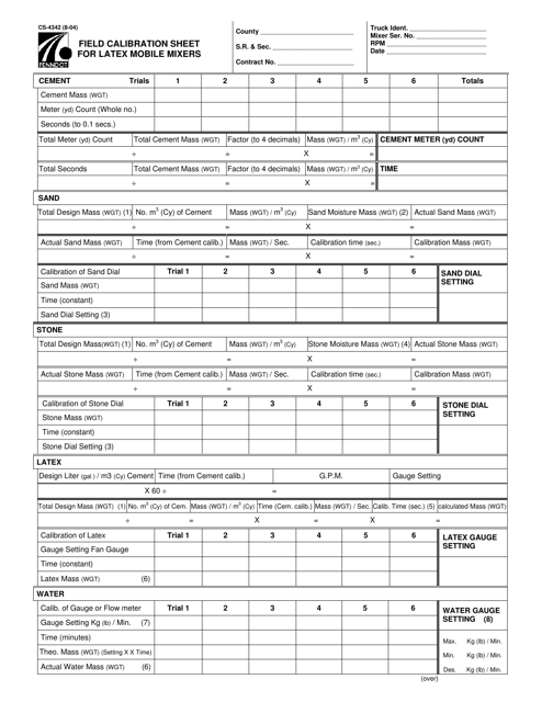 Form CS-4342 Field Calibration Sheet for Latex Mobile Mixers - Pennsylvania
