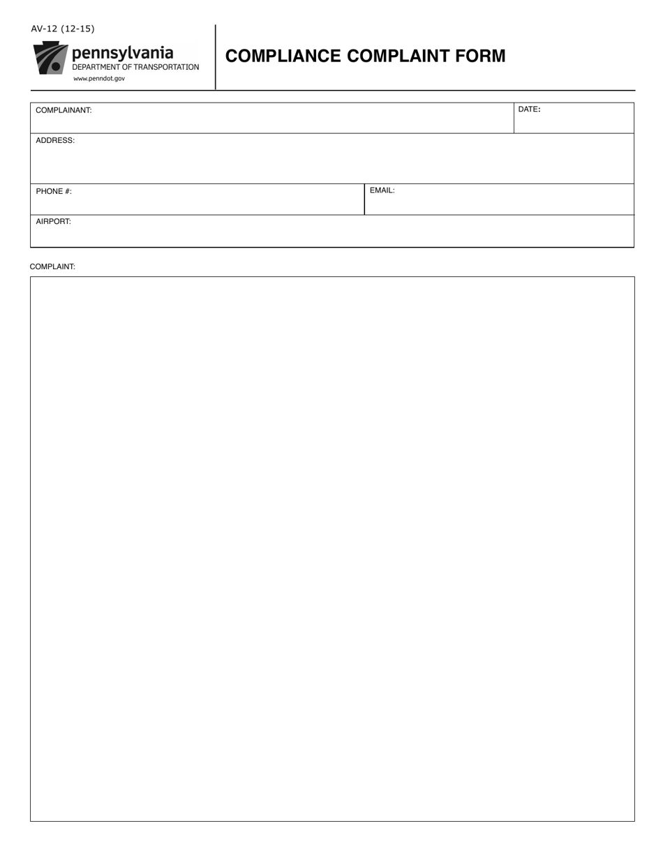 Form AV-12 Compliance Complaint Form - Pennsylvania, Page 1