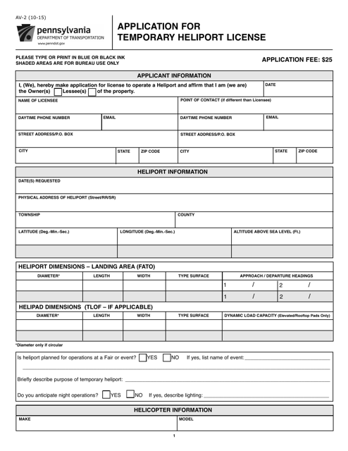 Form AV-2 Application for Temporary Heliport License - Pennsylvania