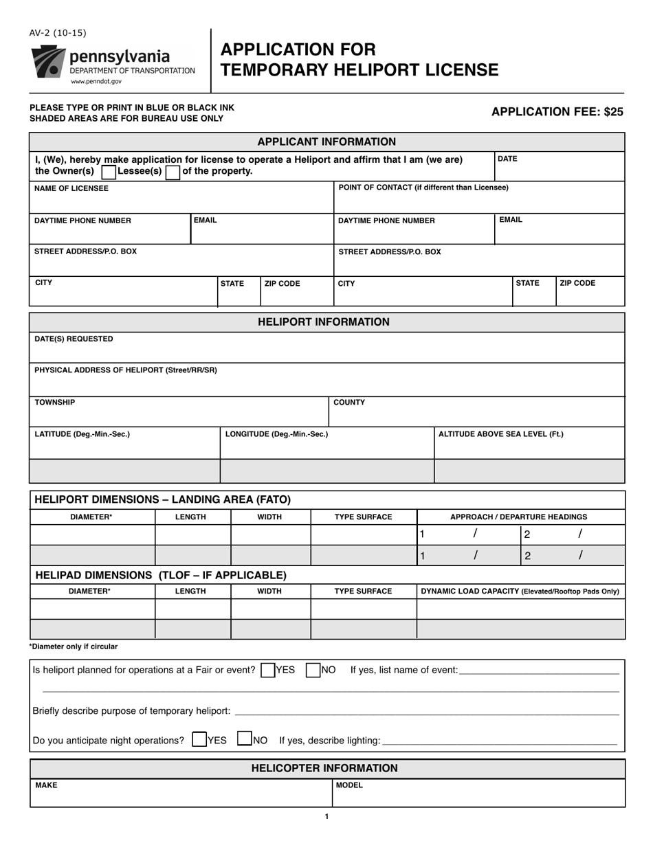 Form AV-2 Application for Temporary Heliport License - Pennsylvania, Page 1