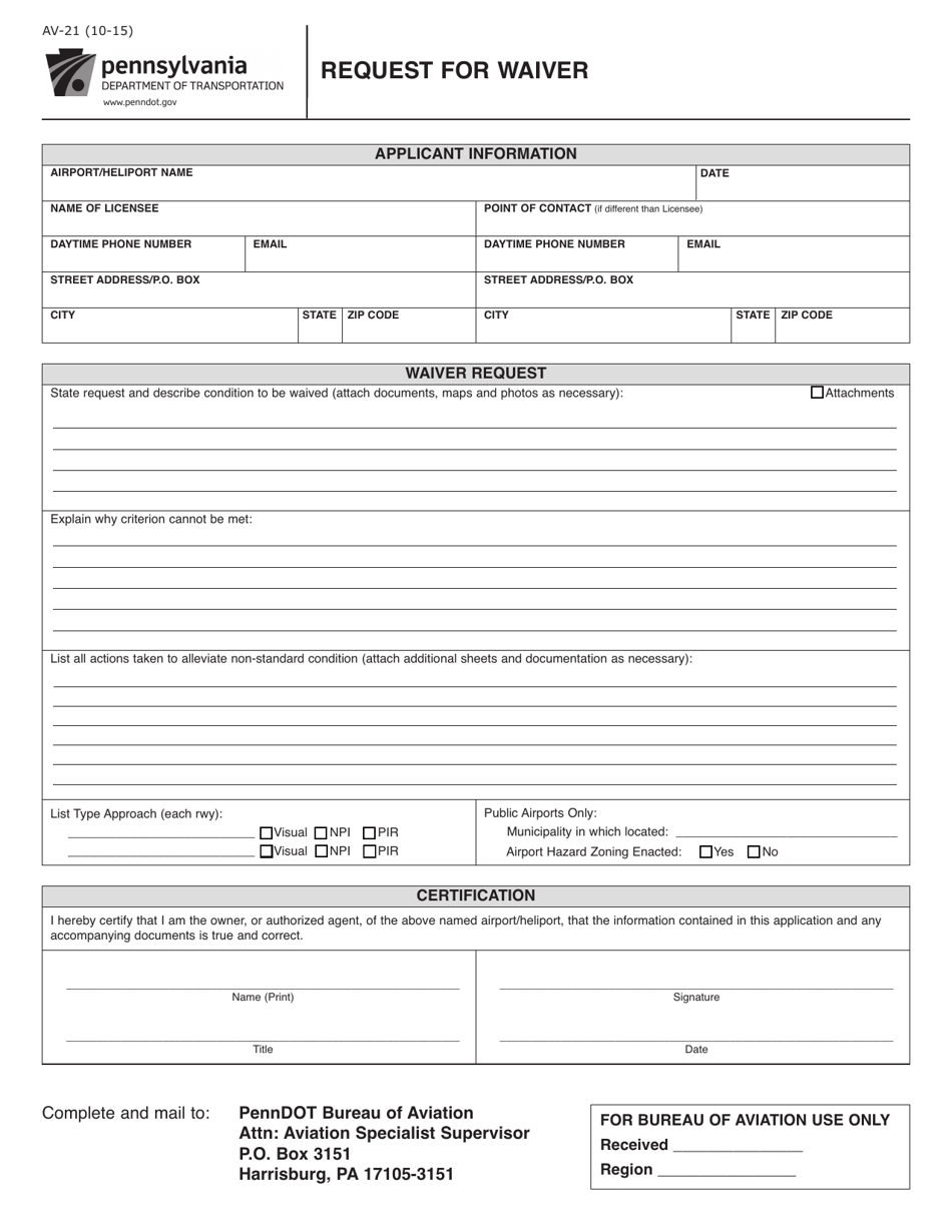 Form AV-21 Request for Waiver - Pennsylvania, Page 1