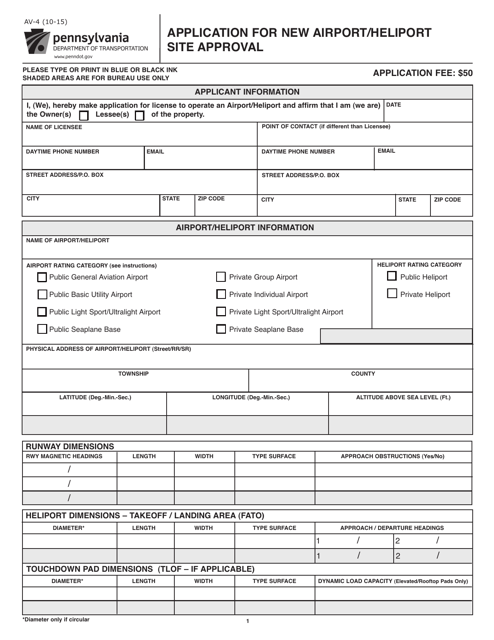Form AV-4 Application for New Airport/Heliport Site Approval - Pennsylvania