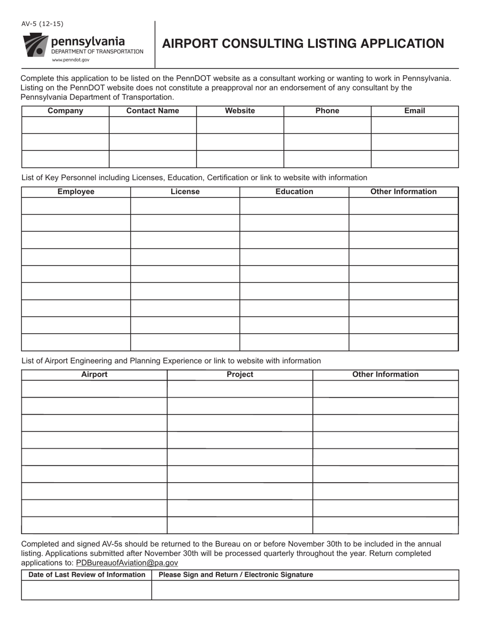 Form AV-5 Airport Consulting Listing Application - Pennsylvania, Page 1