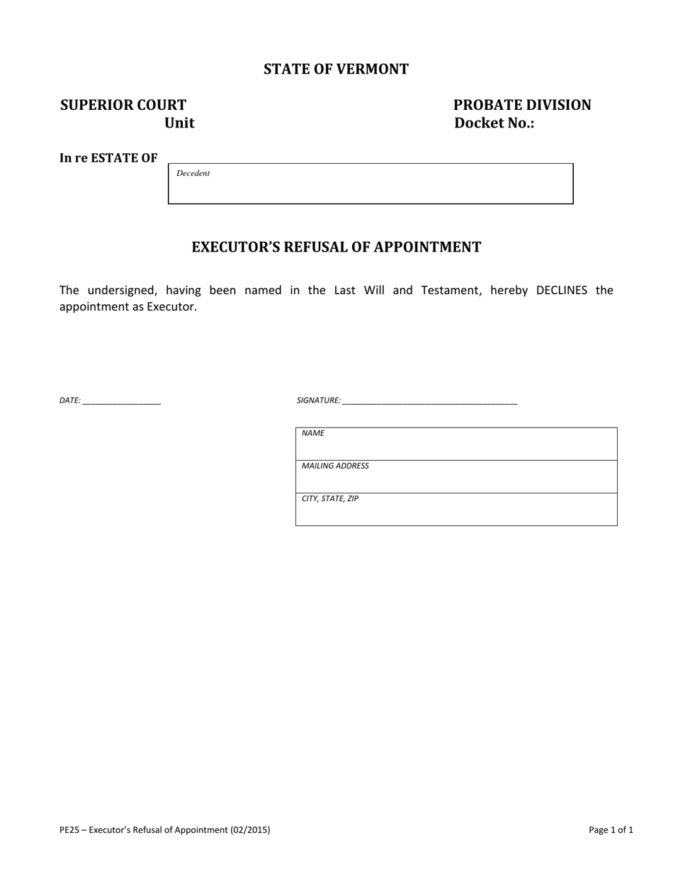 Form PE25 Executors Refusal of Appointment - Vermont, Page 1