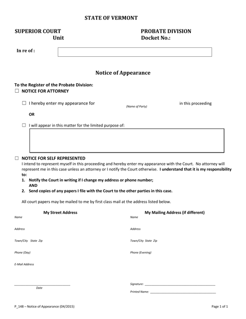 Form P148 Notice of Appearance - Vermont