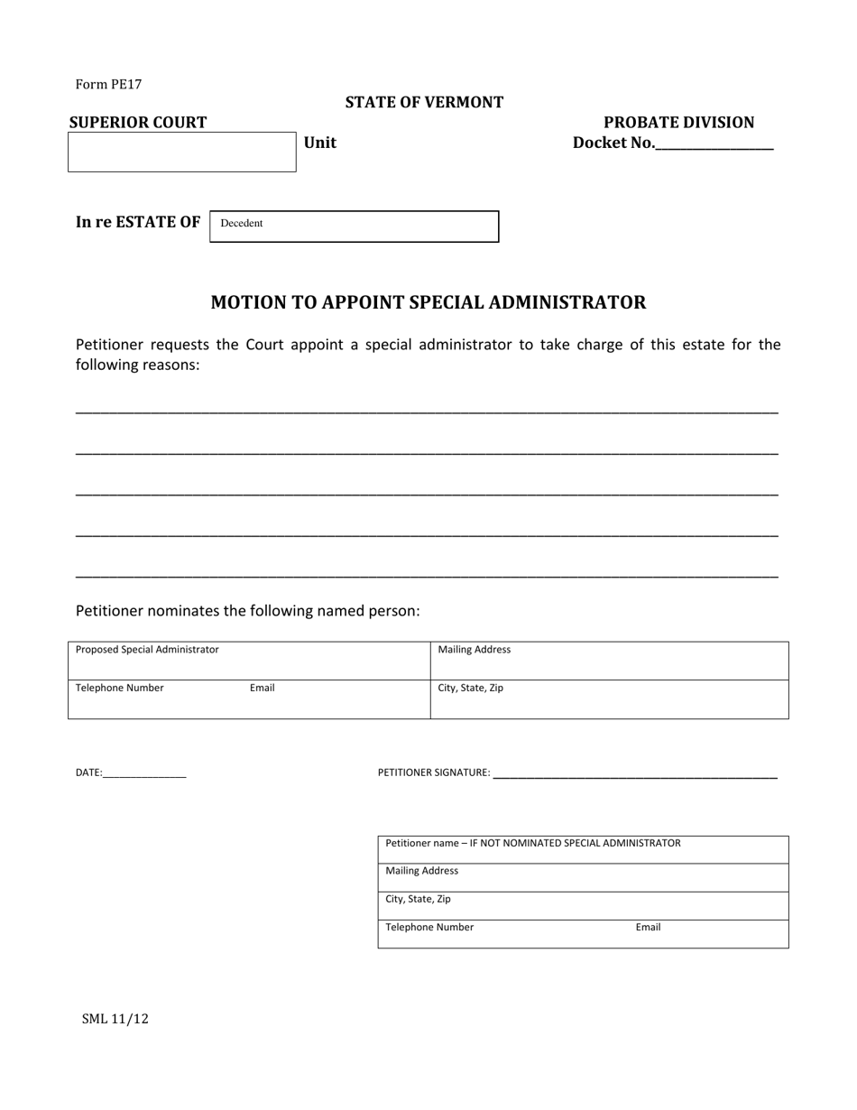 Form PE17 Motion to Appoint Special Administrator - Vermont, Page 1