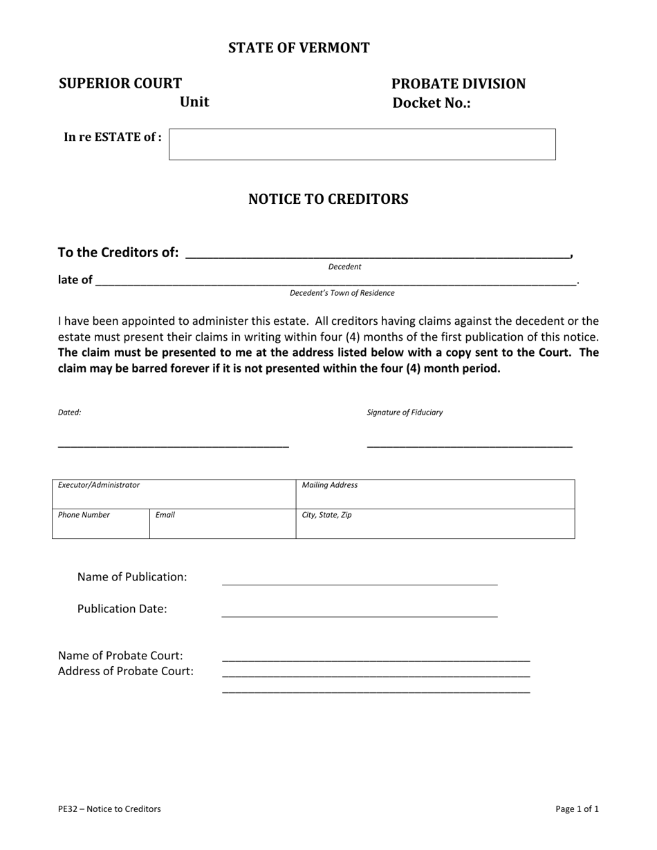 Form PE32 Notice to Creditors - Vermont, Page 1