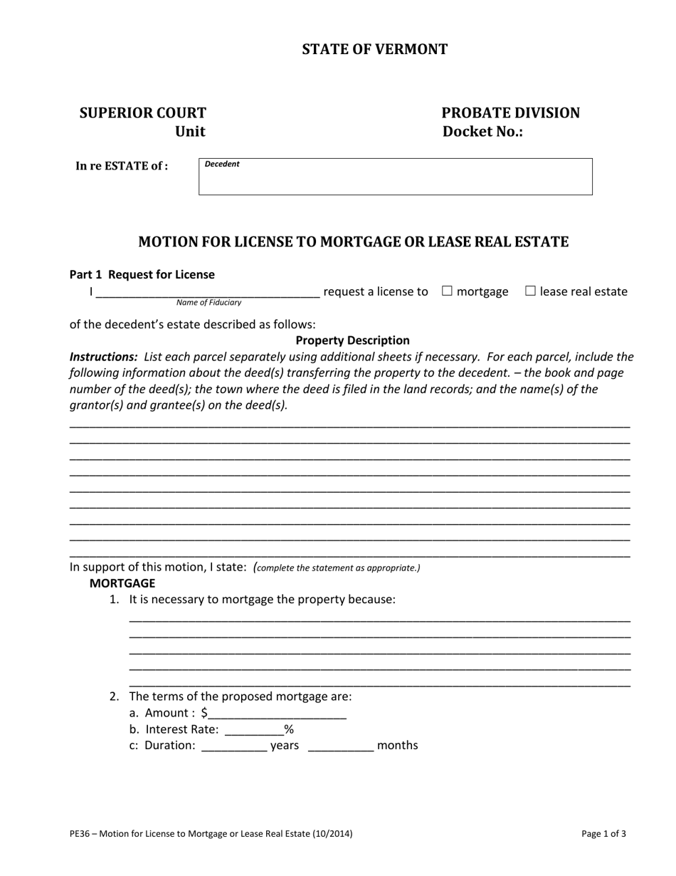 Form PE36 Motion for License to Mortgage or Lease Real Estate - Vermont, Page 1