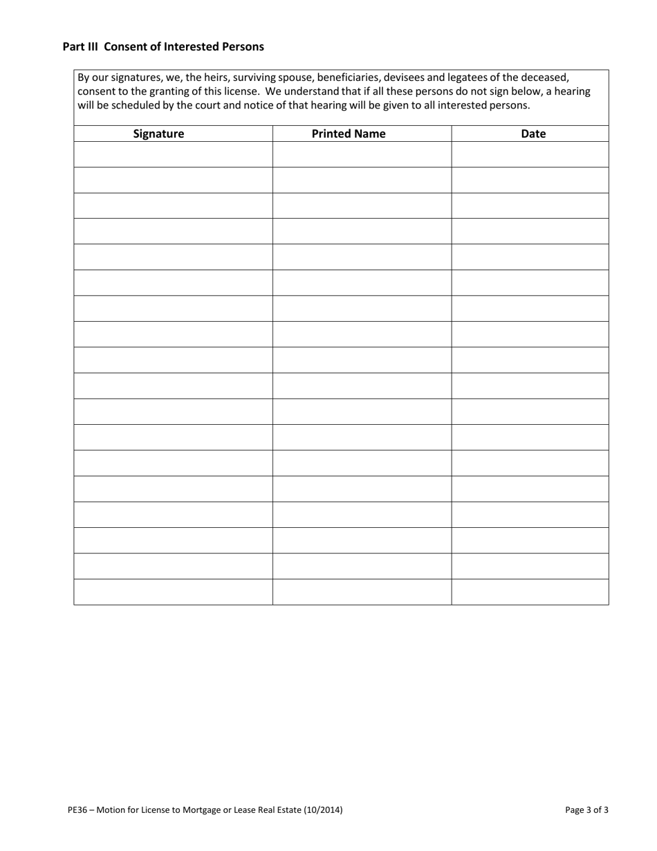 Form PE36 Motion for License to Mortgage or Lease Real Estate - Vermont, Page 3