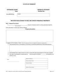 Document preview: Form PE37 Motion for License to Sell or Convey Personal Property - Vermont