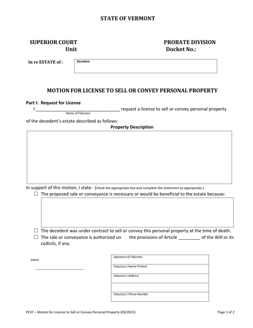 Form PE37 Motion for License to Sell or Convey Personal Property - Vermont