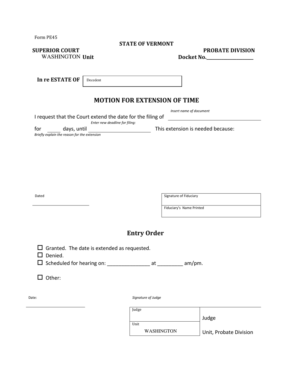 Form PE45 Motion for Extension of Time - Vermont, Page 1