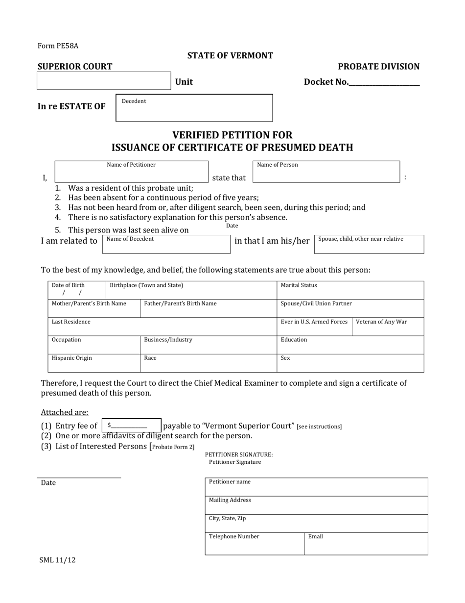 Form PE58A Verified Petition for Issuance of Certificate of Presumed Death - Vermont, Page 1
