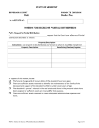 Form PE57M Motion for Decree of Partial Distribution - Vermont