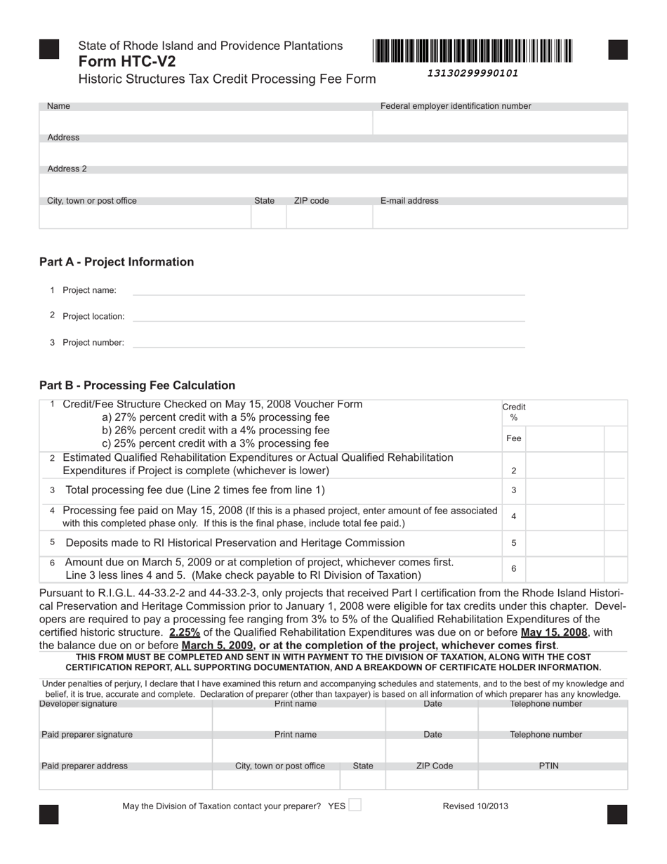 Form HTC-V2 Historic Structures Tax Credit Processing Fee Form - Rhode Island, Page 1