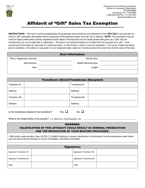 Form PFBC-715 Affidavit of "gift" Sales Tax Exemption - Pennsylvania