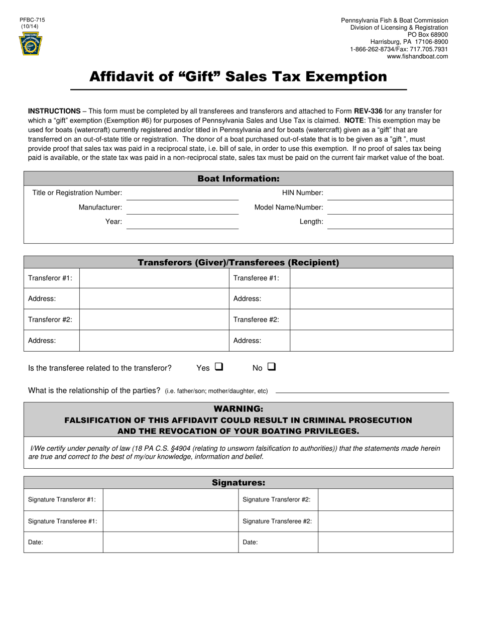 Form PFBC-715 Affidavit of gift Sales Tax Exemption - Pennsylvania, Page 1