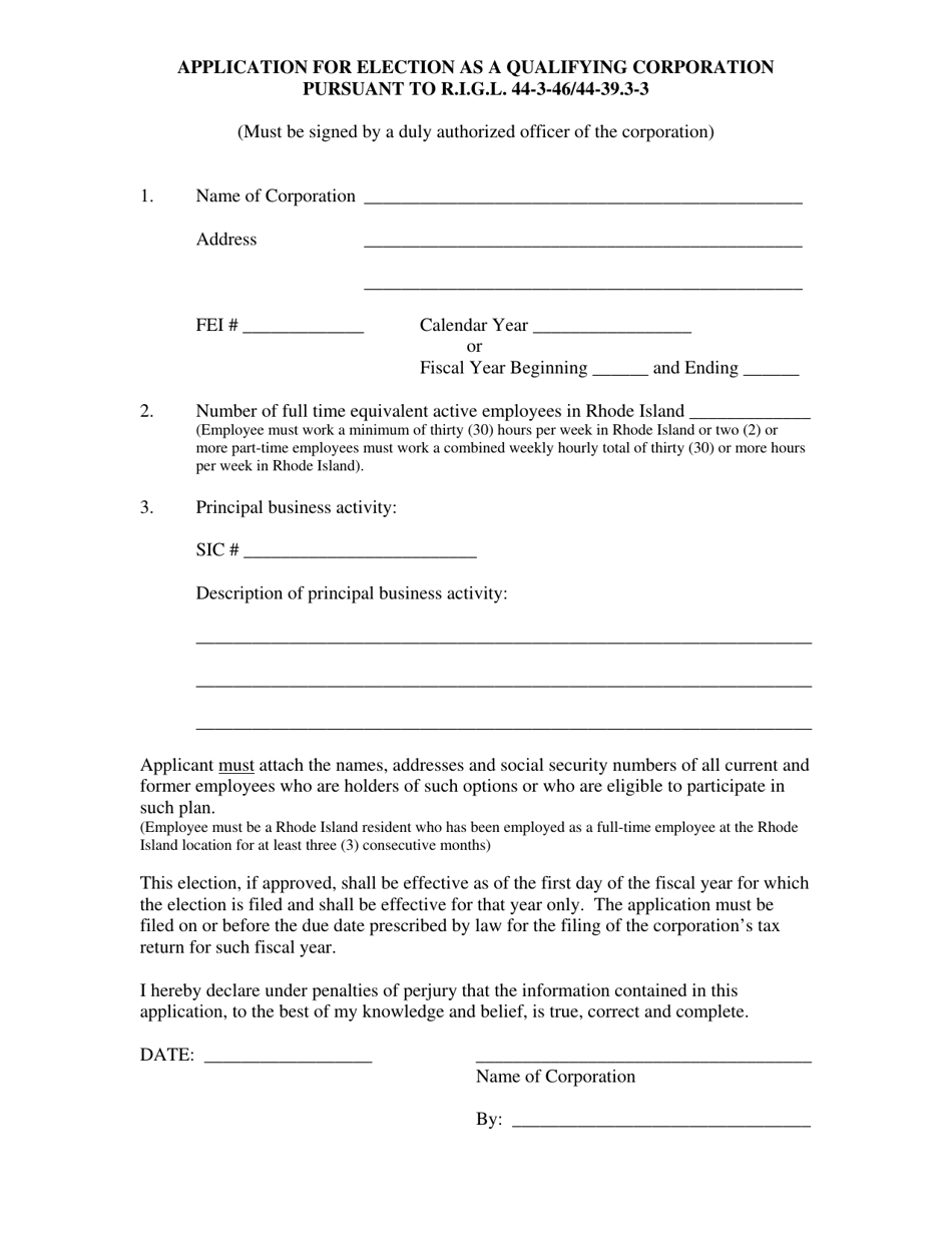 Application for Election as a Qualifying Corporation - Rhode Island, Page 1