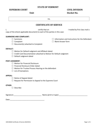 Document preview: Form 100-00260 Certificate of Service - Vermont