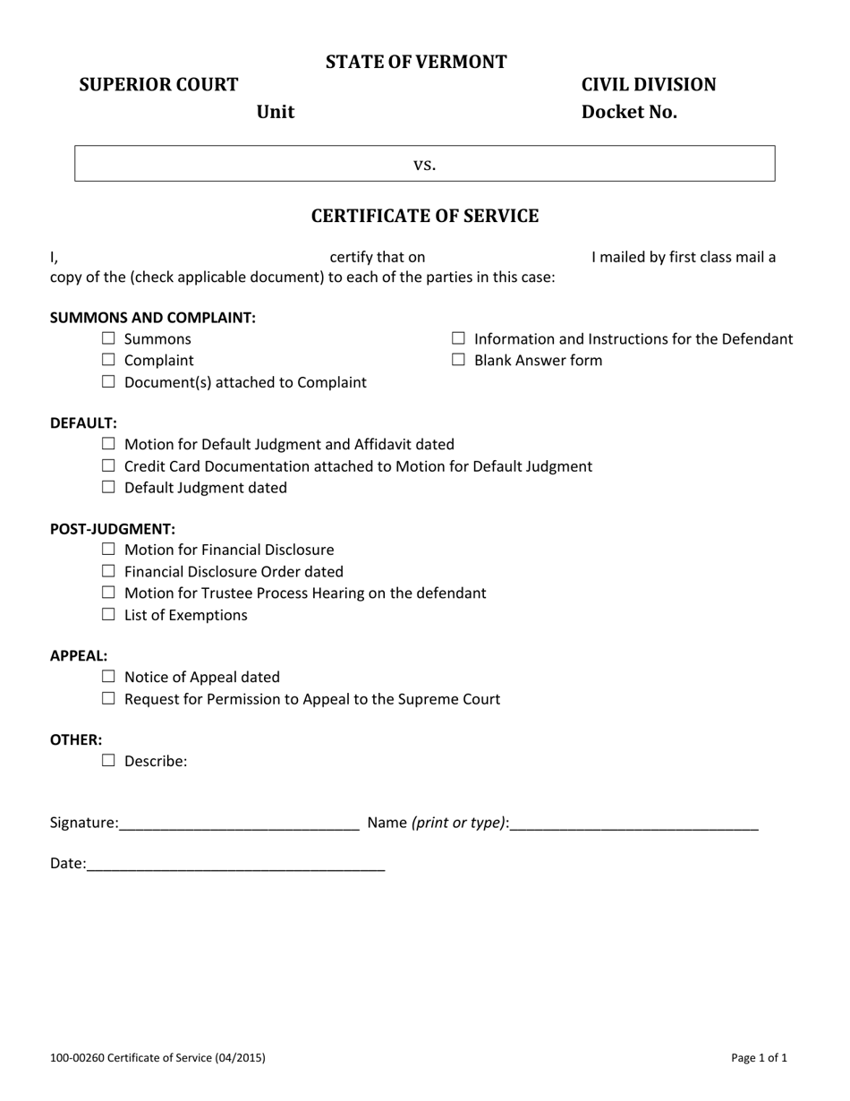 Form 100-00260 Certificate of Service - Vermont, Page 1