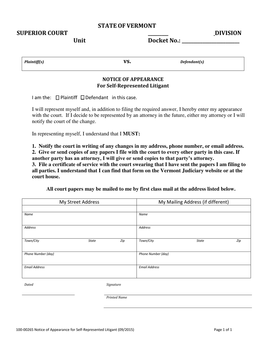 Form 100-00265 Notice of Appearance for Self-represented Litigant - Vermont, Page 1
