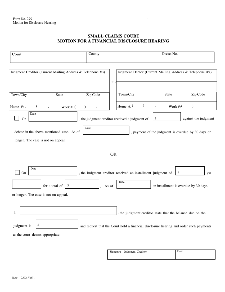 Form 279 Motion for a Financial Disclosure Hearing - Vermont, Page 1