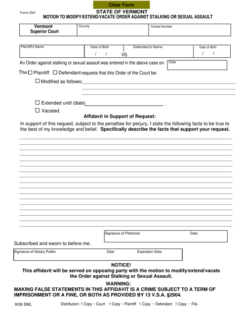 Form 254 Motion to Modify/Extend/Vacate Order Against Stalking or Sexual Assault - Vermont