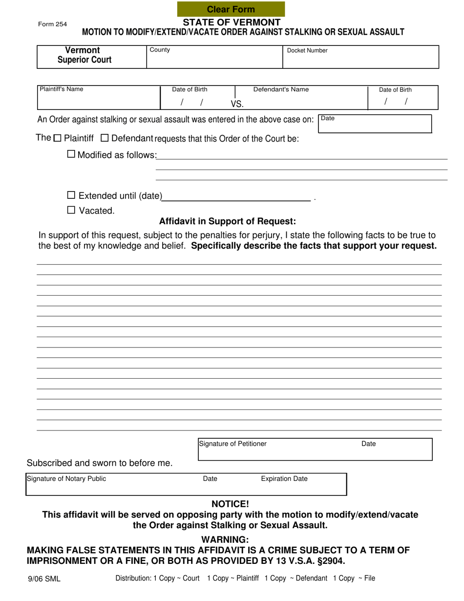Form 254 Motion to Modify / Extend / Vacate Order Against Stalking or Sexual Assault - Vermont, Page 1