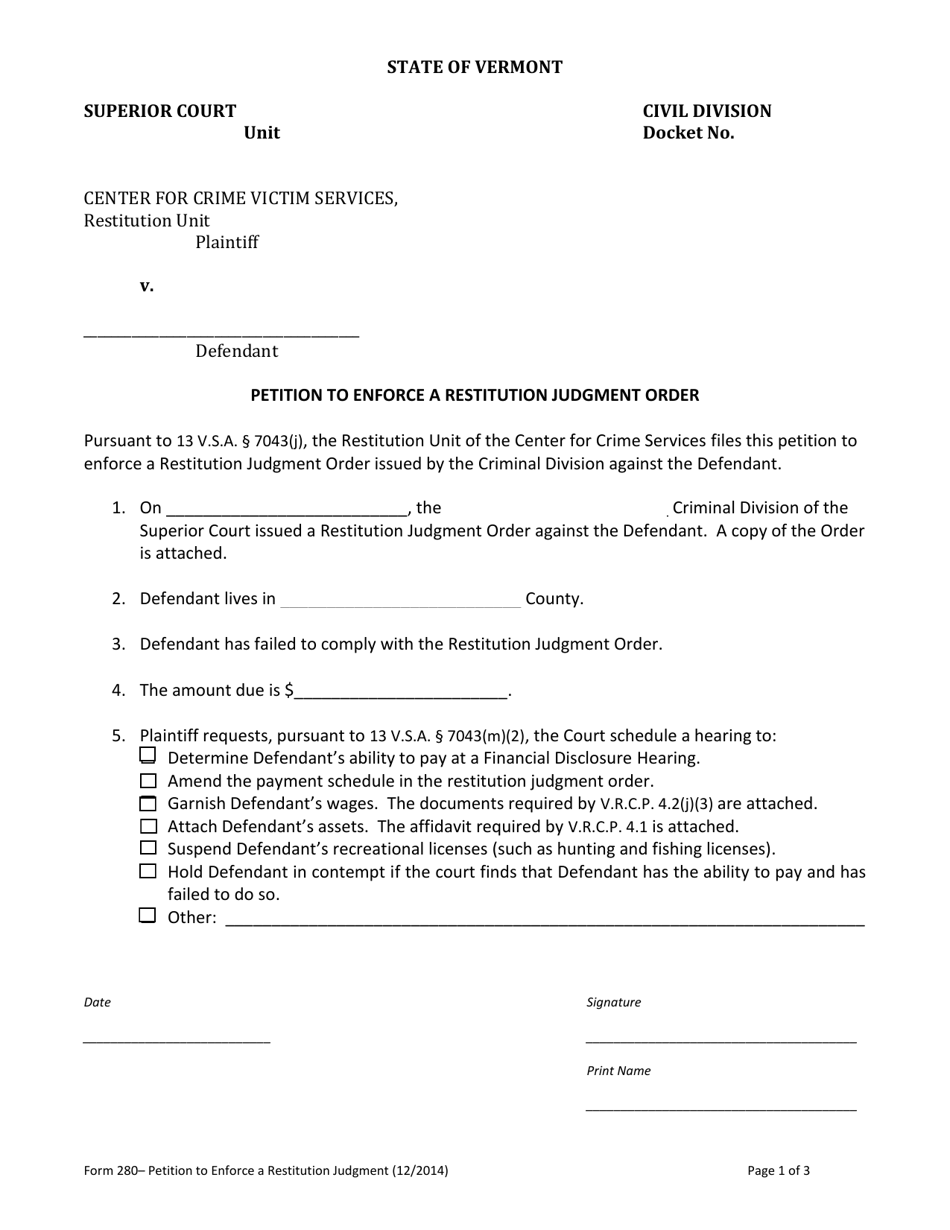Form 280 Petition to Enforce a Restitution Judgment Order - Vermont, Page 1