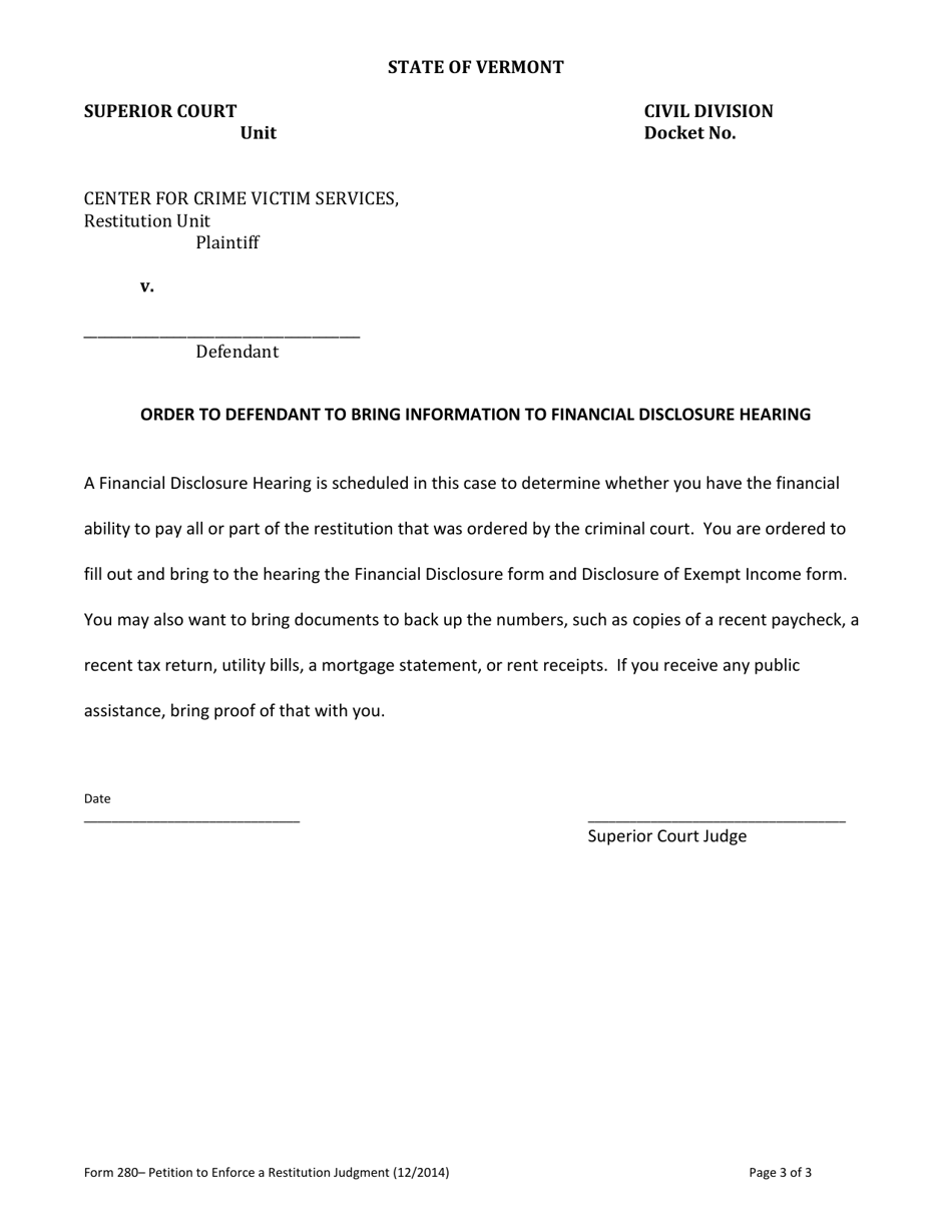 Form 280 Petition to Enforce a Restitution Judgment Order - Vermont, Page 3