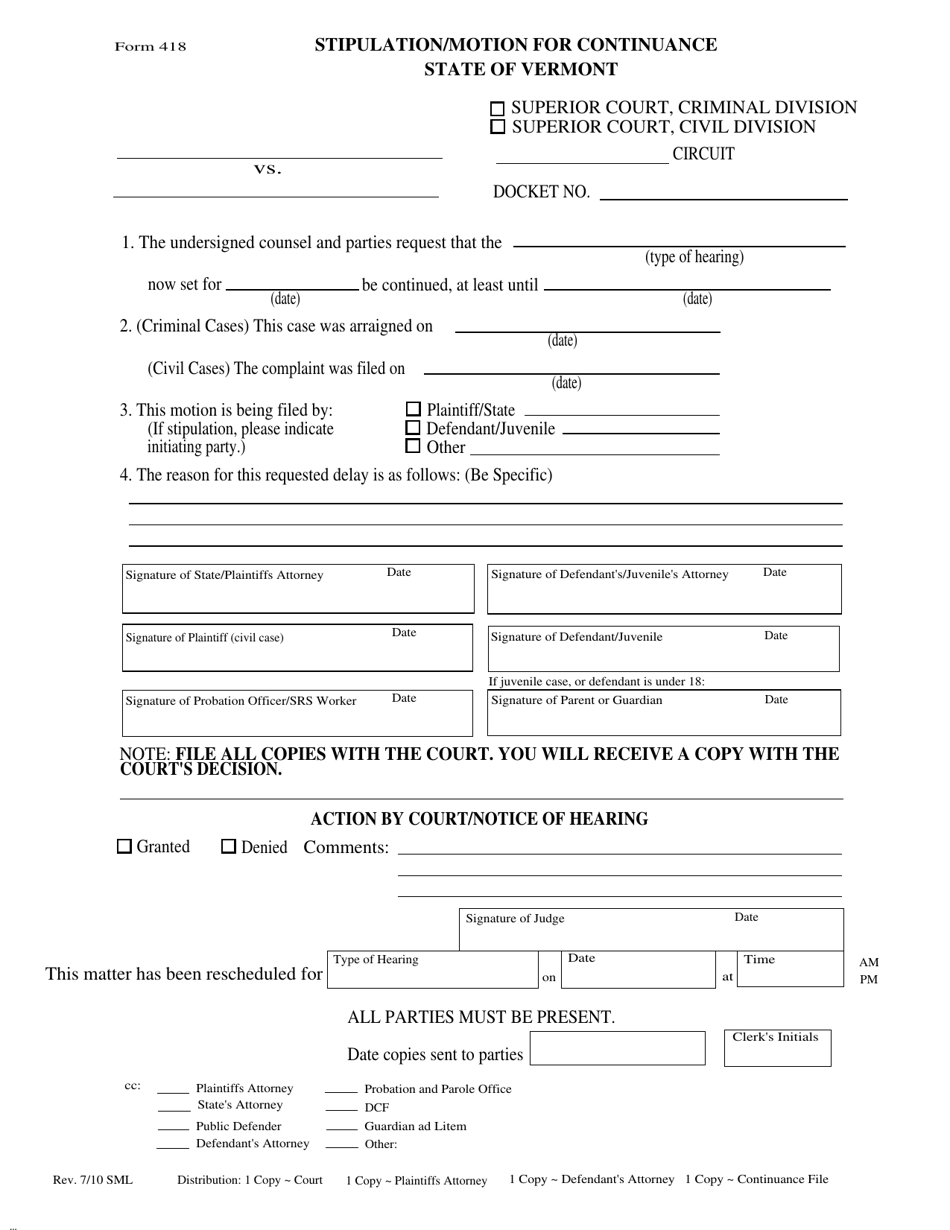 Form 418 Stipulation / Motion for Continuance - Vermont, Page 1