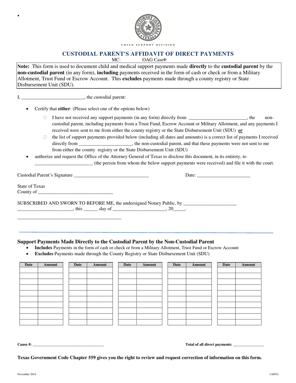 Custodial Parent S Affidavit Of Direct Payments Texas Custodial 